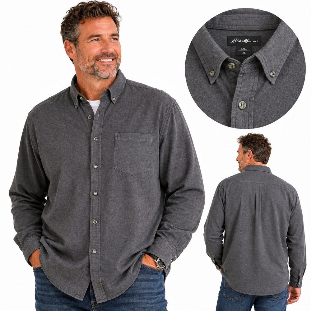 Eddie Bauer Shirt Mens TXL Gray Cotton Twill Long Sleeve Button Down Relaxed Fit